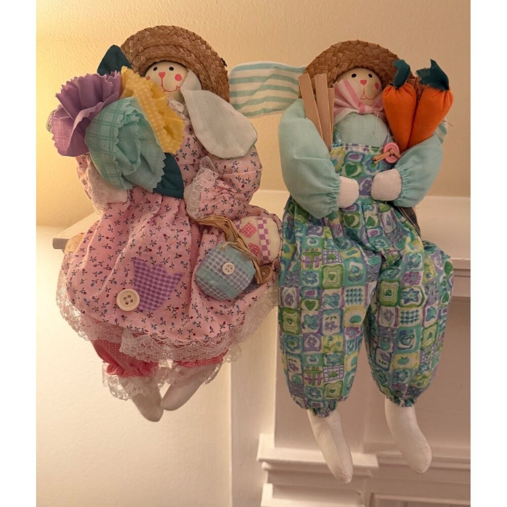 Vintage Handmade Country Bunny Dolls Set‎ of 2 Shelf Sitters Spring Easter